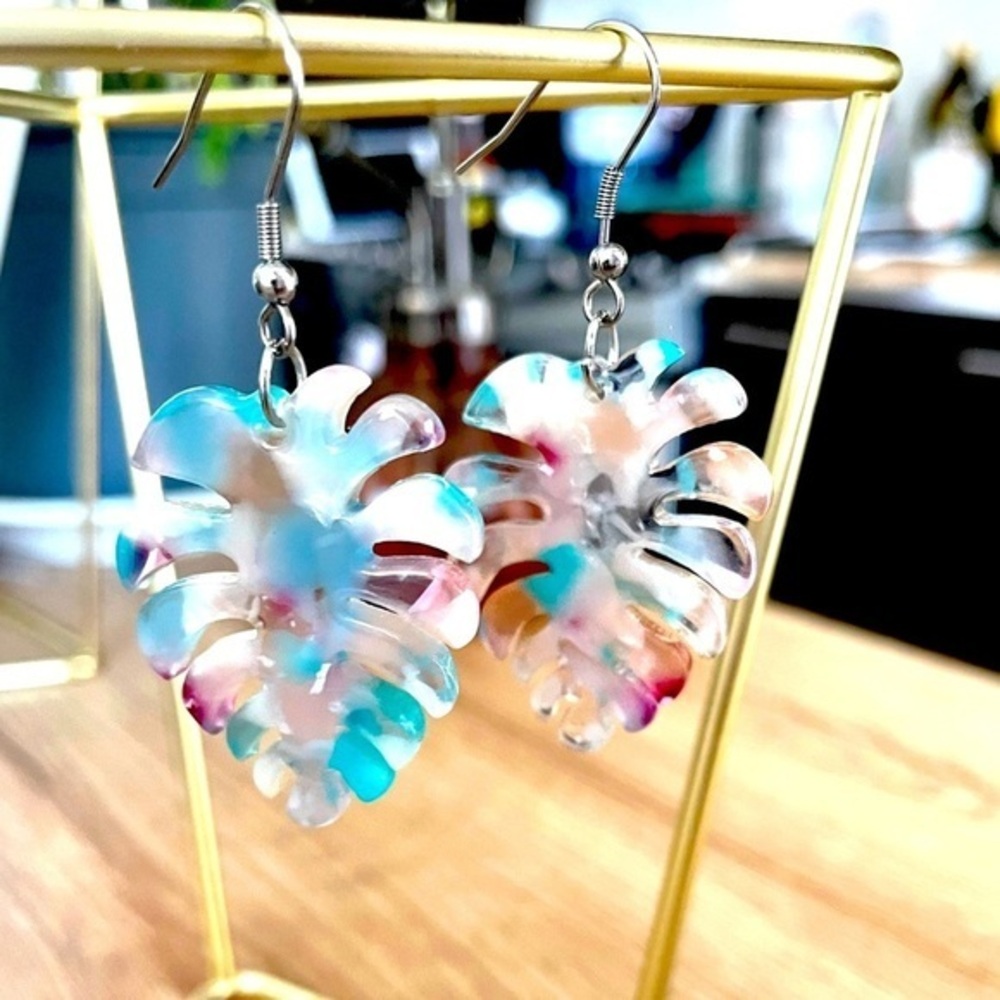 Blue and Pink Monstera Deliciosa Leaf Lightweight Acetate Earrings, NWT